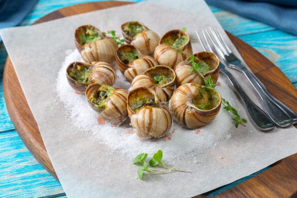 escargots cuits au four avec beurre à l'ail et herbes fraîches